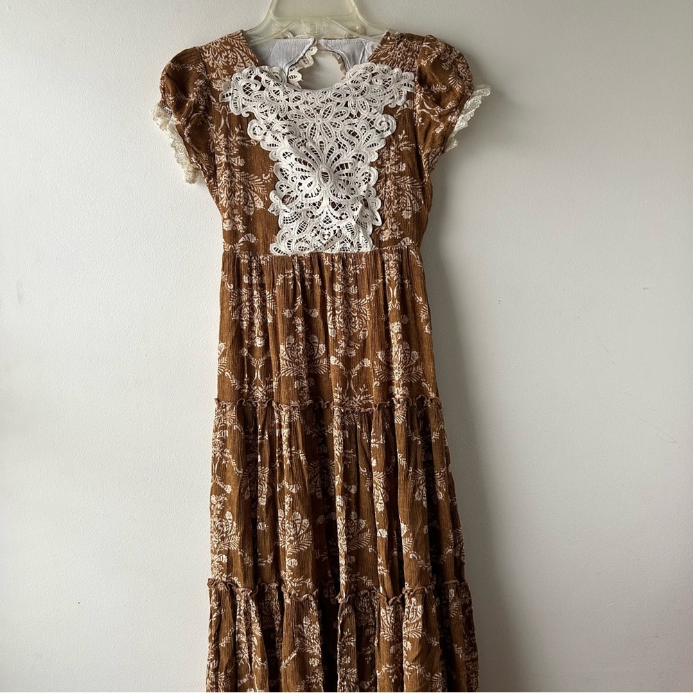 Mia Joy Tiered Boho Lace Floral Maxi Dress Short Sleeves Brown Cream 12